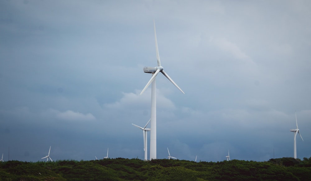 windmills on grass field during day