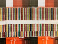 blue, red, and black striped wallpaper