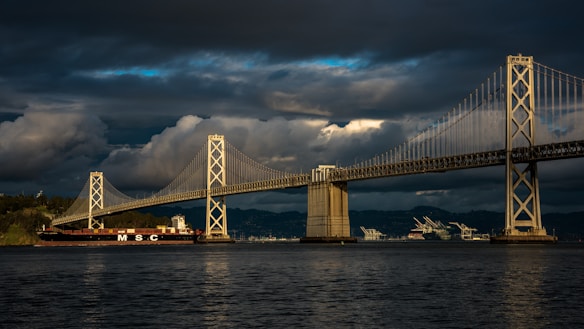 A large cargo ship with 'MSC' written on its side sails beneath a steel suspension bridge. Dark, dramatic clouds fill the sky, casting shadows on the water below, while sunlight breaks through, highlighting parts of the landscape and infrastructure. In the background, cranes and industrial structures are visible along the shoreline.