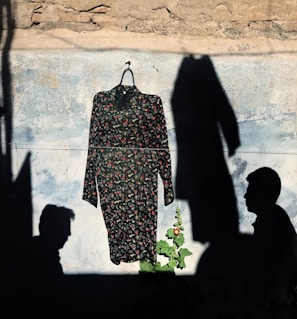 A dress with a floral pattern is hung on a hanger against a textured wall. The scene is shrouded in shadow, casting two distinct profiles on either side of the garment. A plant with broad leaves and a single pink flower grows in front.