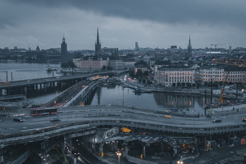 aerial photography of highway under cloudy sky