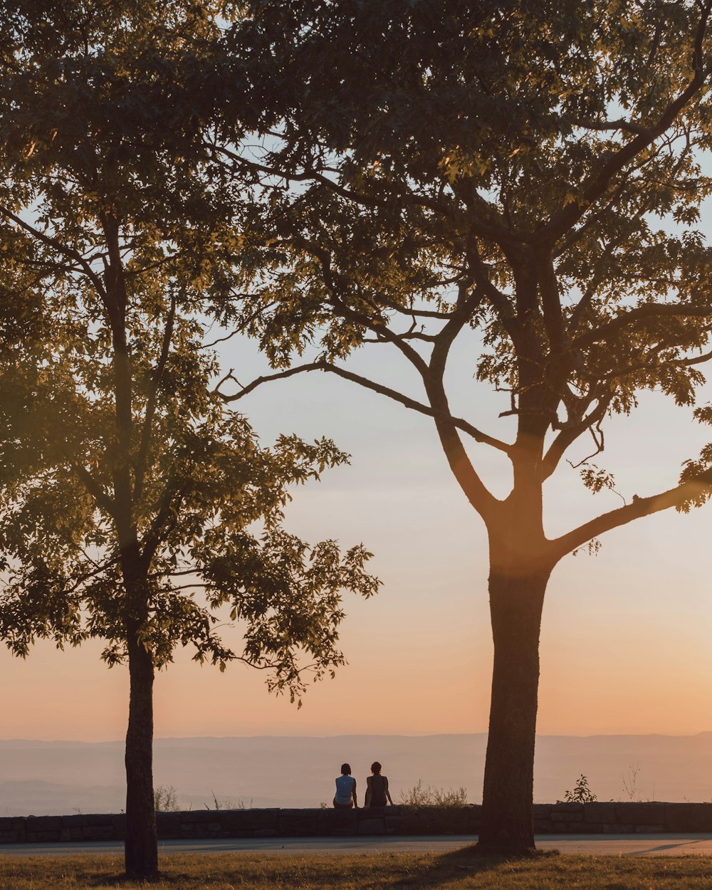 two person sitting on barrier front of sea during golden hour