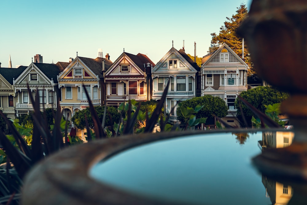 water fountain near white concrete houses