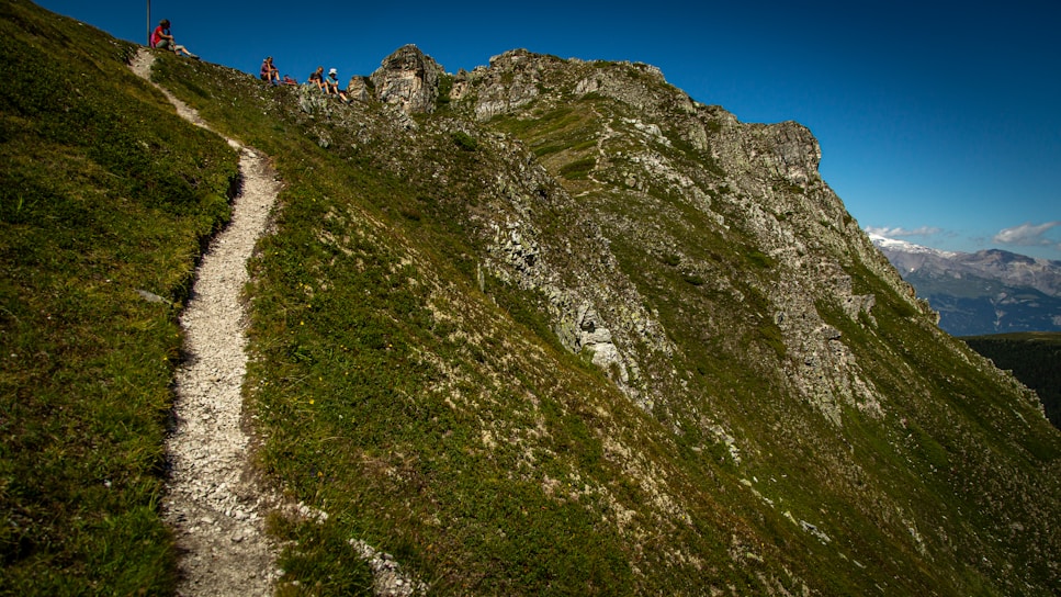 A winding mountain trail bathed in golden sunlight with hikers enjoying the view.