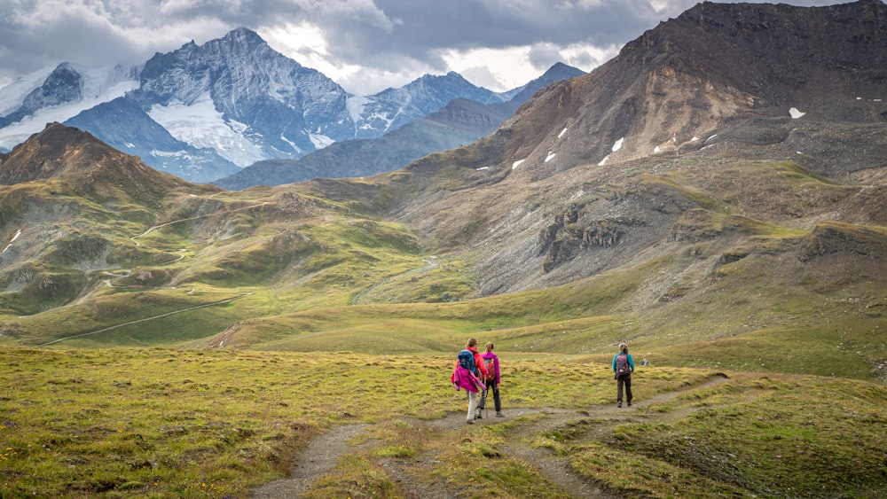 three people walking on green grass field overlooking snow-capped mountain