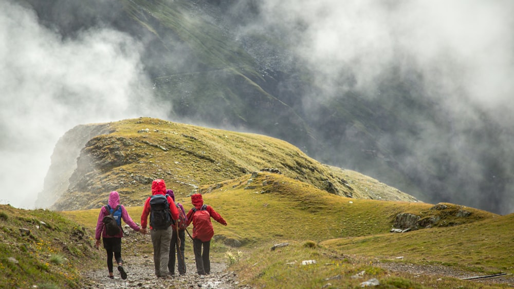 group of people walking on mountains