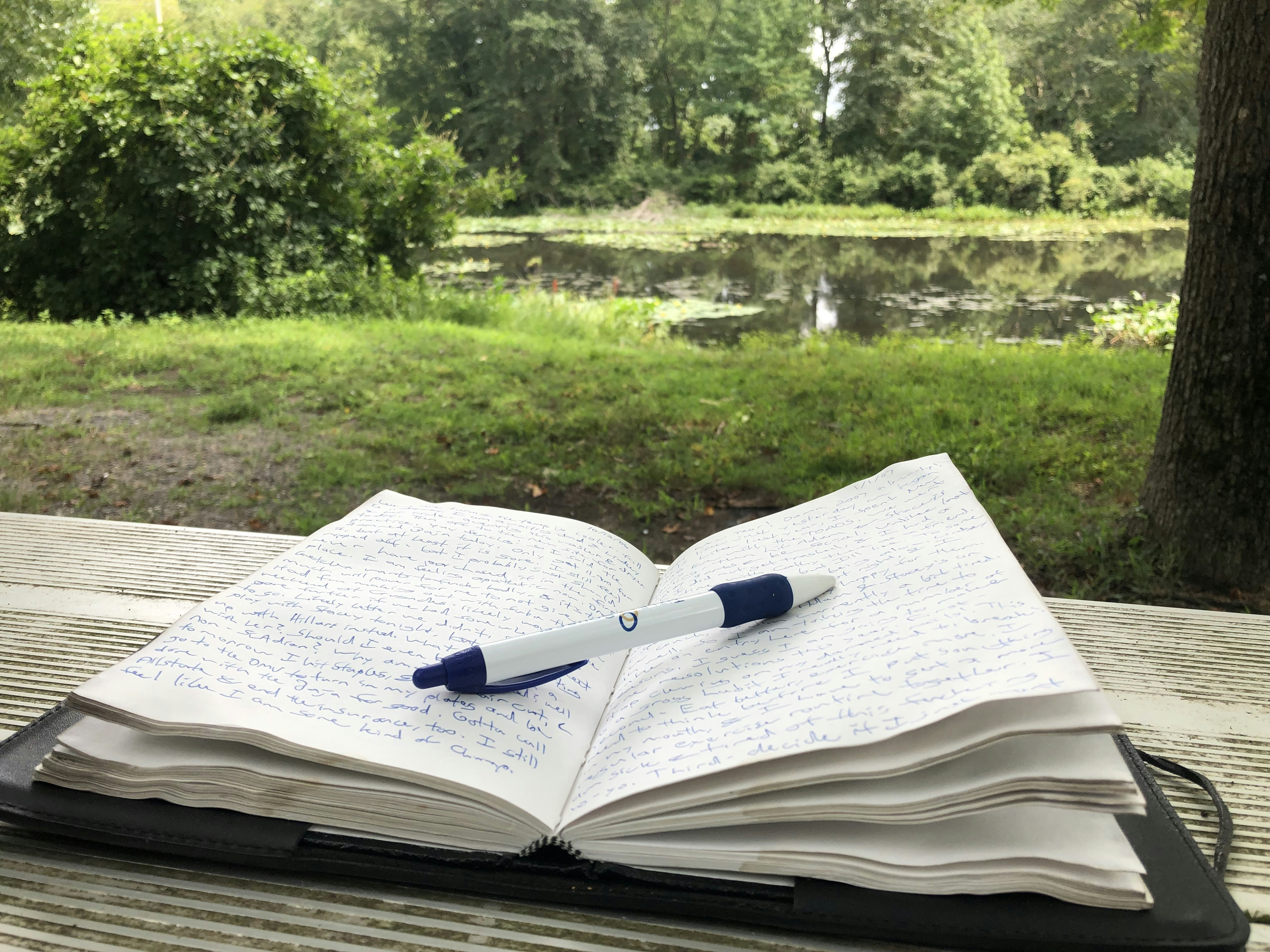 Open journal on a wooden table with soft morning light, pen resting beside handwritten words, warm amber tones, intimate and reflective atmosphere