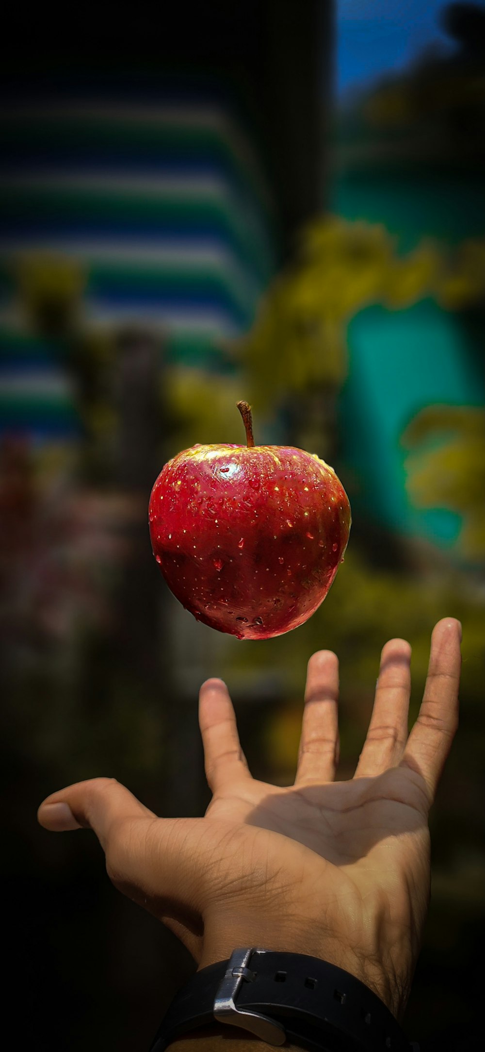 mela rossa vicino alla mano della persona
