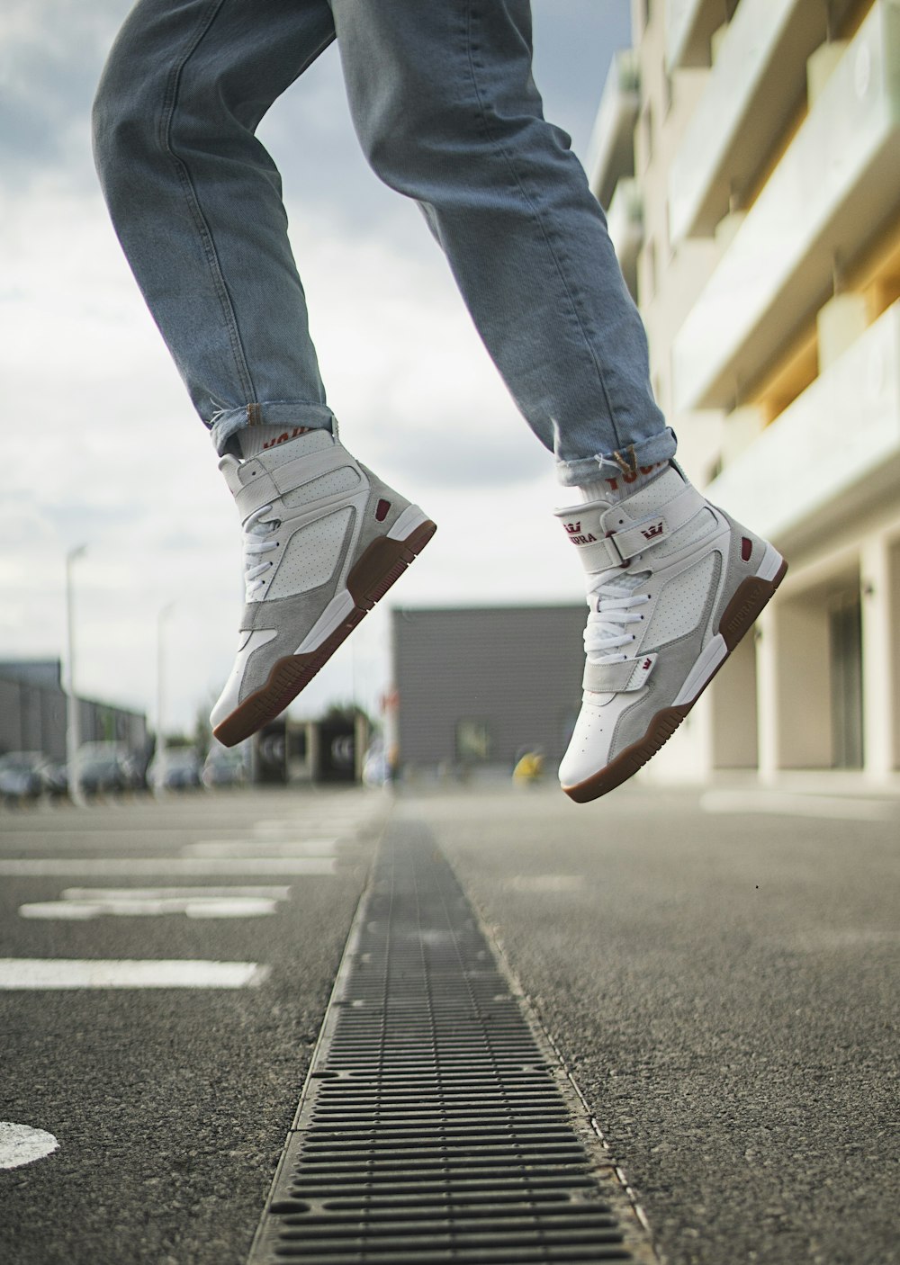 brown-and-white running shoe