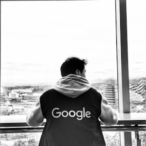 A person wearing a jacket with the Google logo is looking out of a large window at a scenic cityscape featuring a mix of modern and traditional architecture.