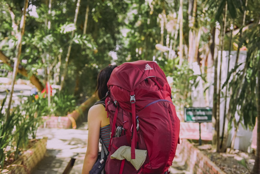 pessoa com mochila de trekker vermelha em pé no caminho cercado de árvores altas e verdes durante o dia