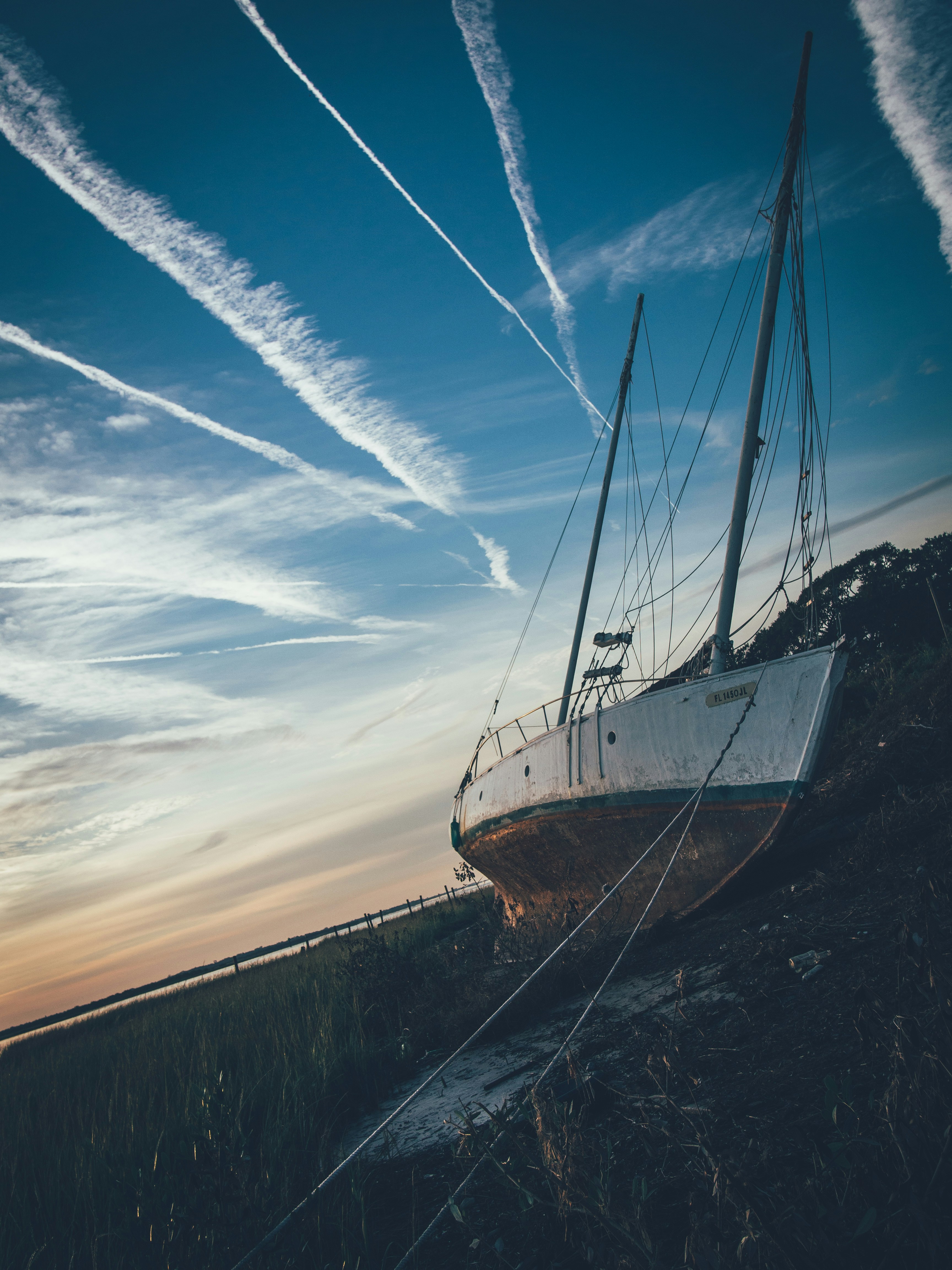 white ship on grass during daytime
