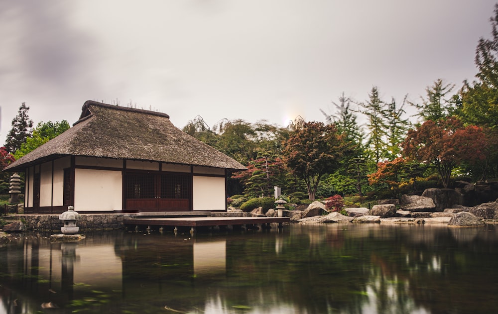 white and brown house beside body of water