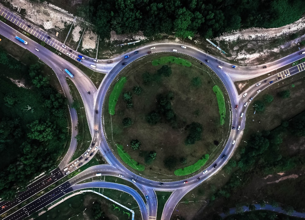 top view photography of roads and trees