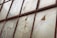 A series of weathered and cracked window panes, held together by a rusty metal framework. The glass has chicken wire embedded within, and some areas show significant damage with holes and missing fragments.