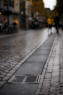 A cobblestone street on a rainy day with a focus on a wet metal drain cover. The blurred background features a few pedestrians walking, one wearing a bright yellow jacket, and bicycles parked along the side. The scene conveys a quiet, damp urban setting, with buildings and trees lining the street.