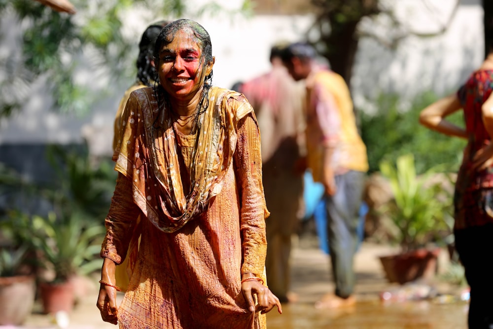 women's brown and yellow traditional Indian dress