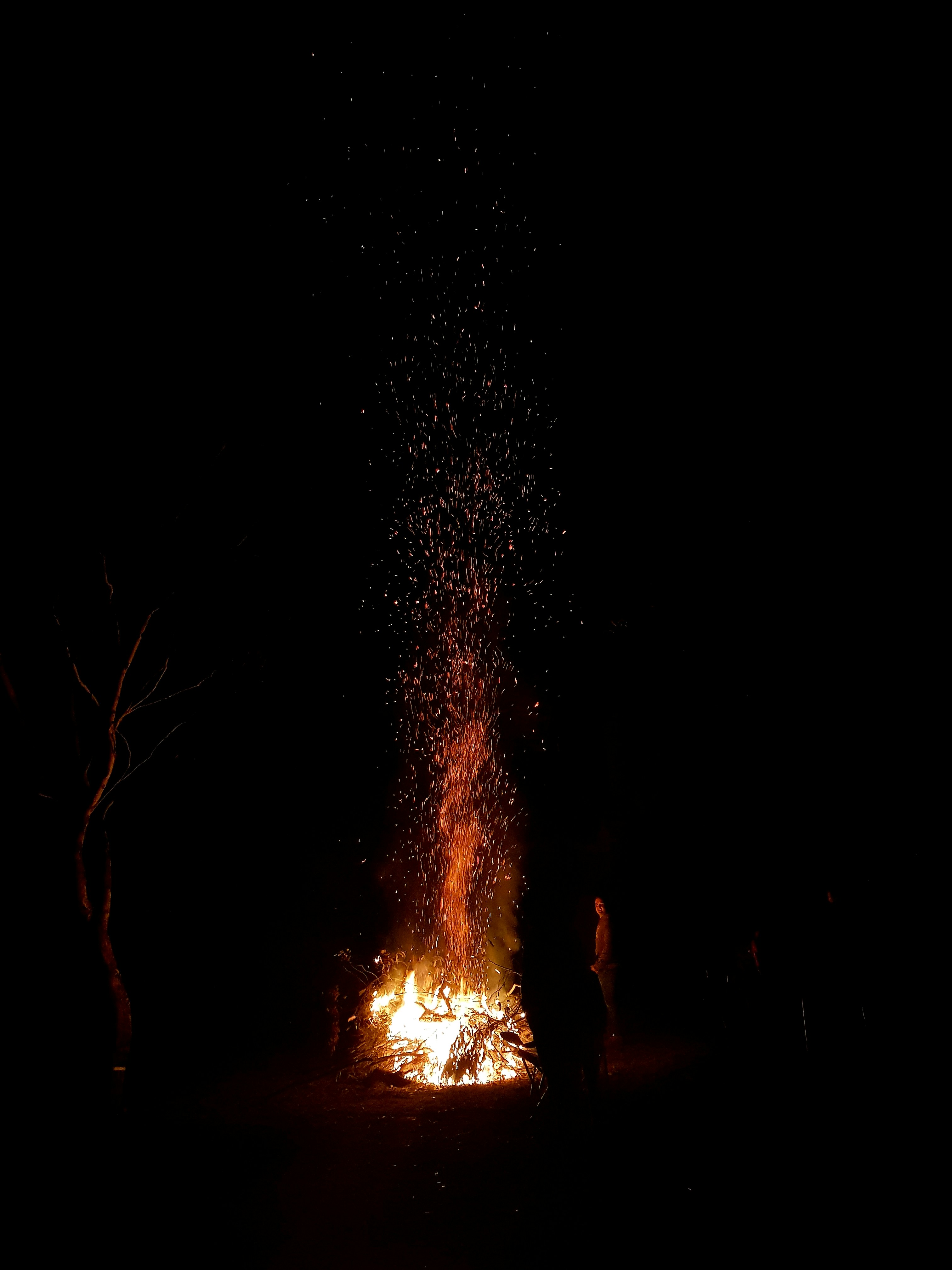 A bonfire glowing at night
