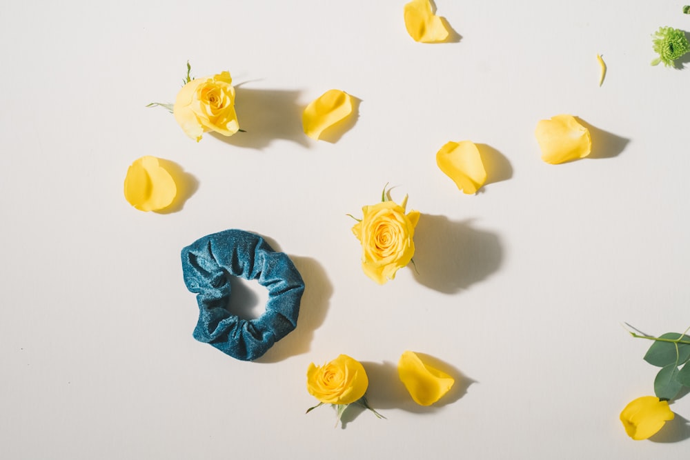 blue hair tie near yellow rose flowers