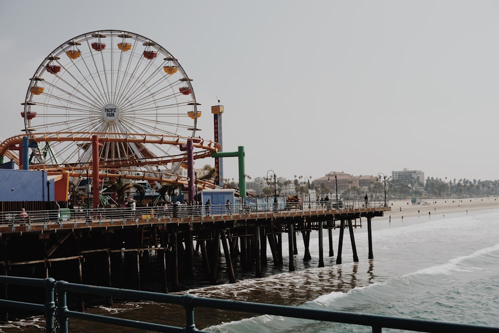 brown Ferris Wheel beside sea during daytime