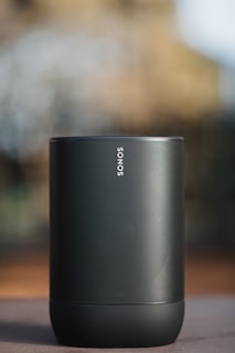 A cylindrical, portable speaker with a metallic mesh surface and a logo vertically aligned at the front. The background is blurred, highlighting the focus on the speaker, which has a sleek and modern design.