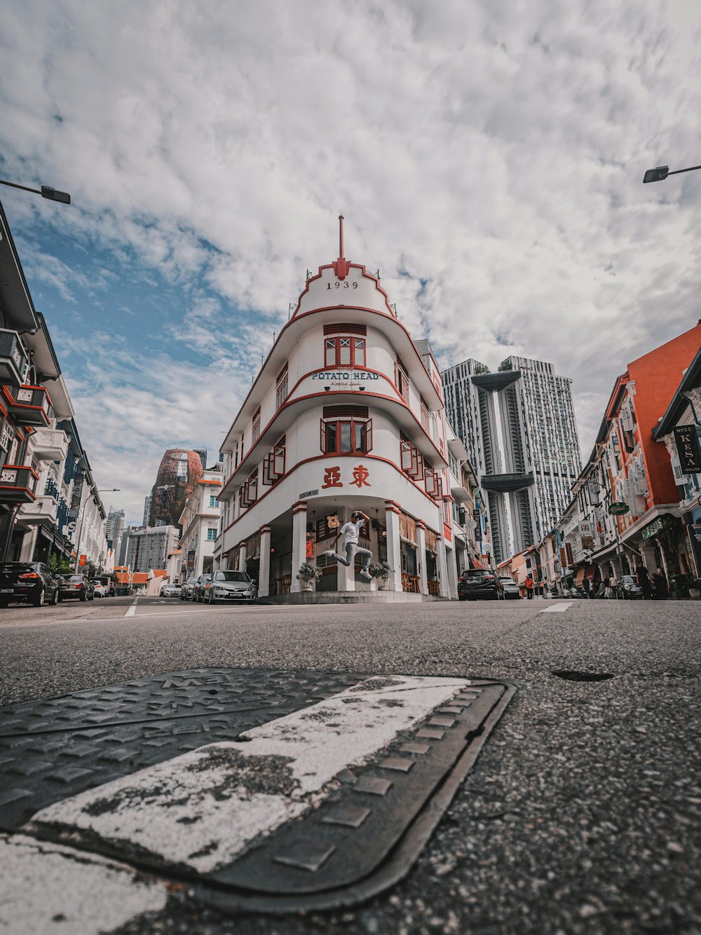 architectural photography of white and red building