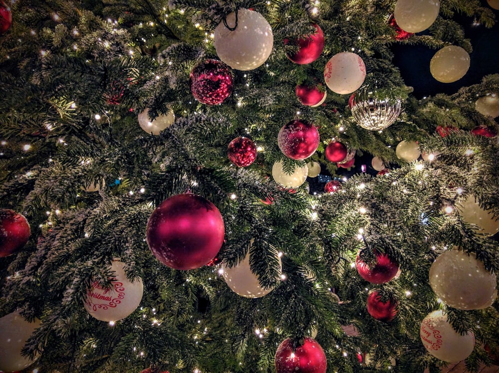 red and white baubles on green Christmas tree