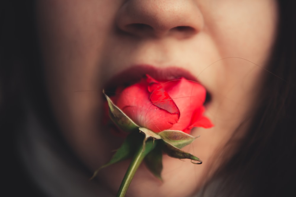 woman eating red rose