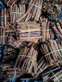 Bundles of aromatic Ceylon cinnamon sticks tied with natural twine