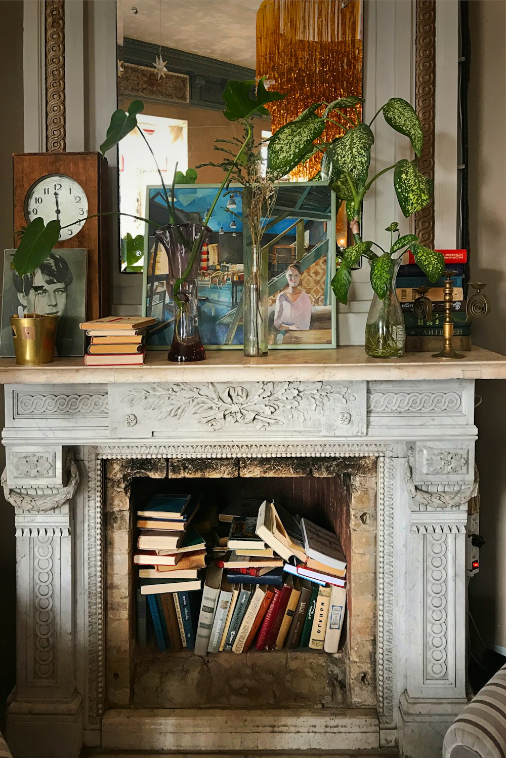 white and brown wooden fireplace