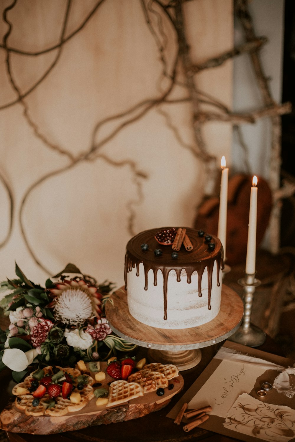 chocolate cake beside candles