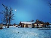 Snowy landscape with warmly lit cabins in the evening under a clear starry sky.