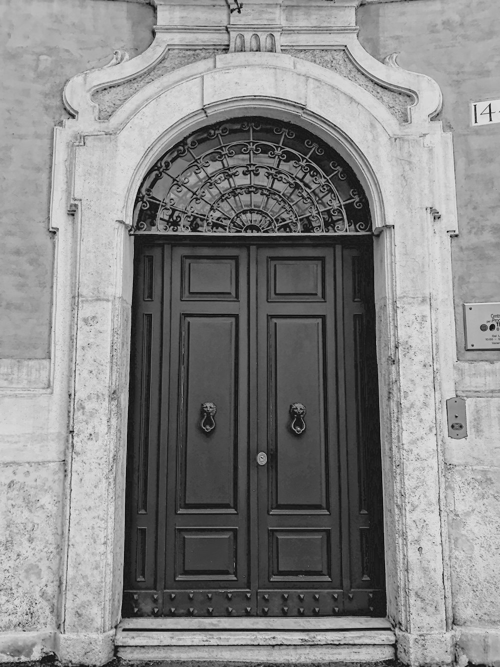 grayscale photography of closed wooden door