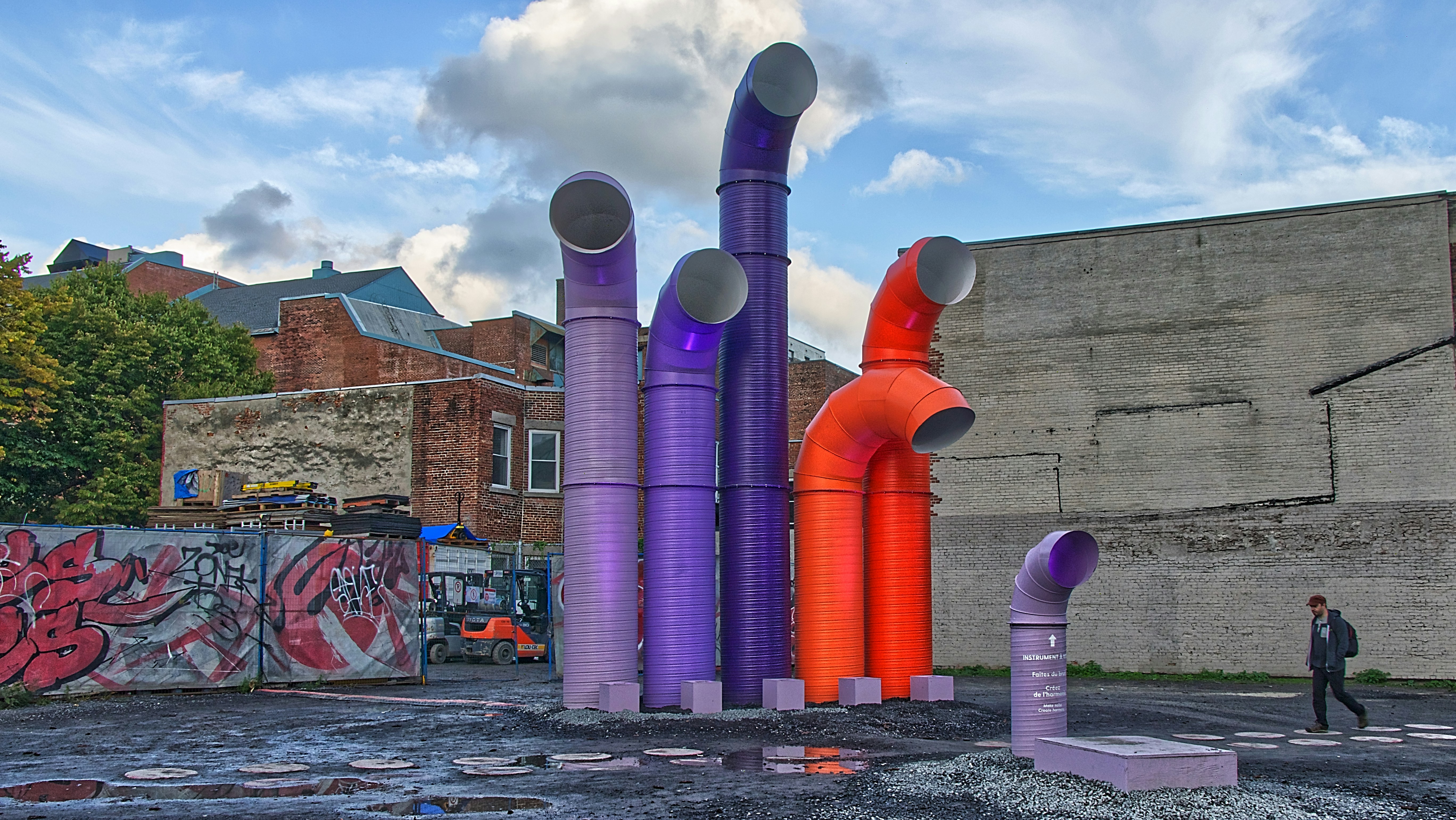 blue and red tubes on road