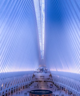 A vast, open interior space with a futuristic architectural design, featuring rows of white, rib-like structures that form a symmetrical and elongated ceiling. Natural light floods through a strip of windows at the top, casting a soft blue hue throughout the space. People are visible at various points, walking along the expansive floor and upper levels.