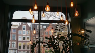 A cozy Brussels apartment with large windows and warm lighting.