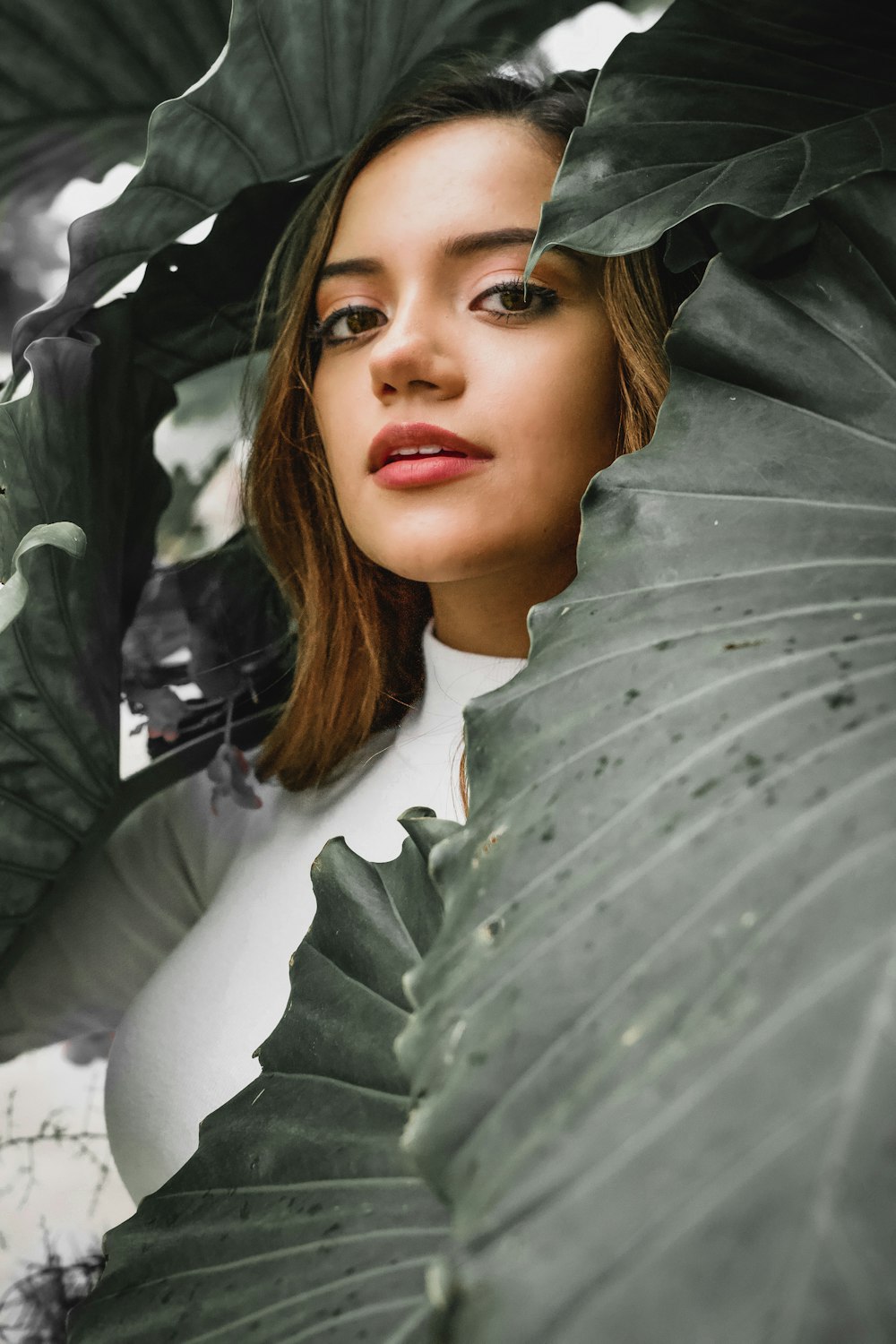 mujer con camisa blanca de cuello alto rodeada de plantas de hojas verdes