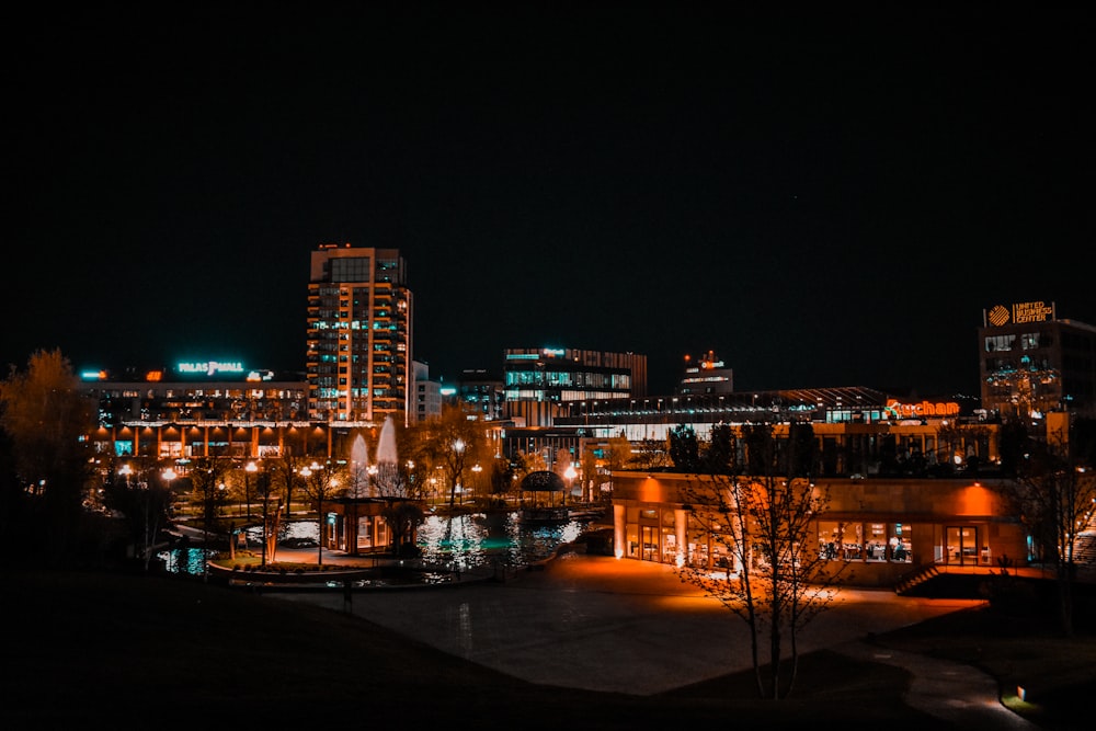 Una vista nocturna de una ciudad con edificios y luces