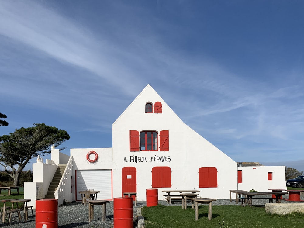 white and red building