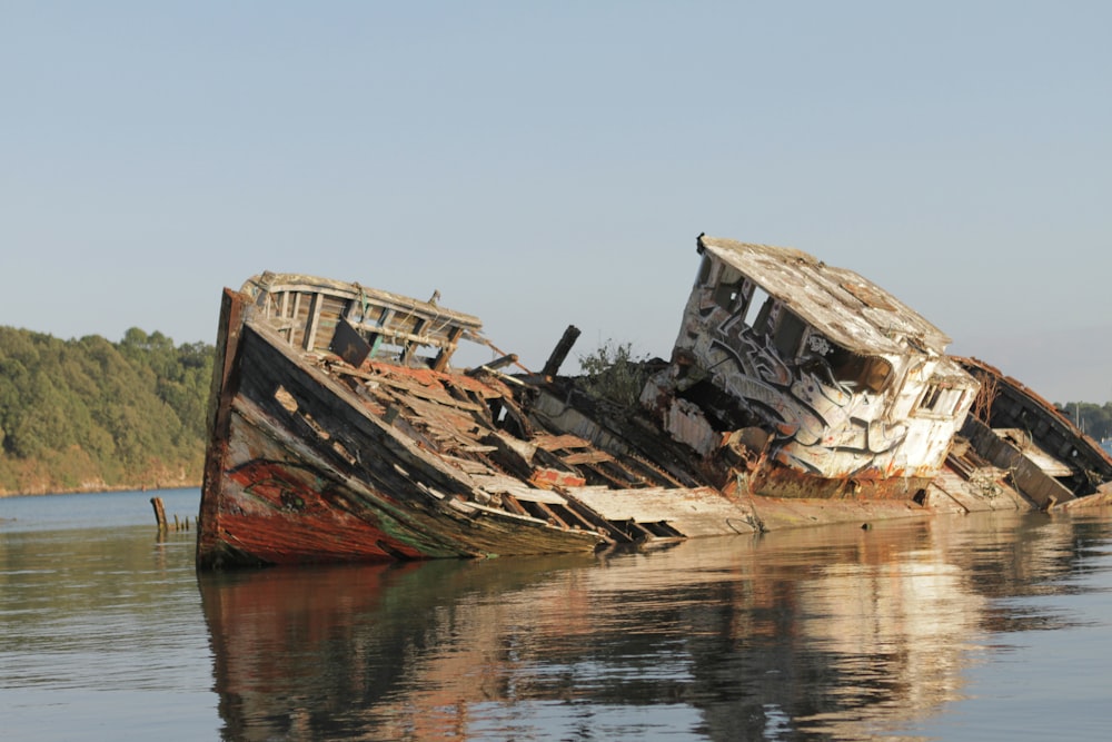 brown and white wrecked ship