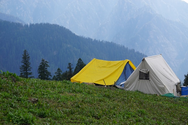 Two tents are set up in a grassy area with a backdrop of tall, densely forested hills and misty mountains. One tent is yellow, the other is white, pitched on a green open field, with trees in the distance under an overcast sky.