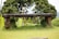 A rustic bench made of stone with a weathered appearance is set amidst lush greenery. It is supported by two stone pillars, surrounded by grass and vegetation, with trees in the background. The setting appears calm and natural, suggesting an outdoor garden or park area.