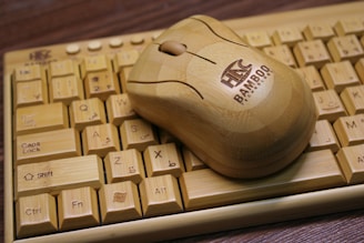 brown Bamboo wireless mouse and keyboar