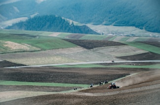 A scenic landscape showing lush green fields with farmers working.