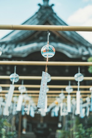Glass wind chimes hanging from wooden beams with a traditional Japanese building in the background. Each chime is accompanied by a strip of paper inscribed with Japanese characters.