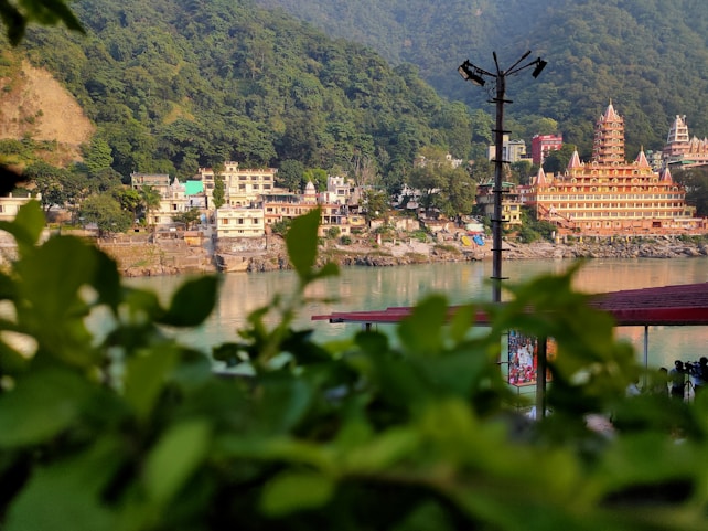 A scenic view of a riverbank lined with buildings, including a prominent multi-tiered temple, set against a lush, forested hillside. Green foliage partially frames the foreground, and a tall lamppost stands by the river. The reflection of the hills and buildings can be seen in the calm water.