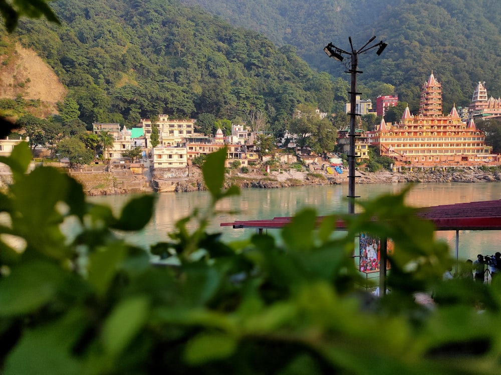 brown and white concrete buildings beside body of water