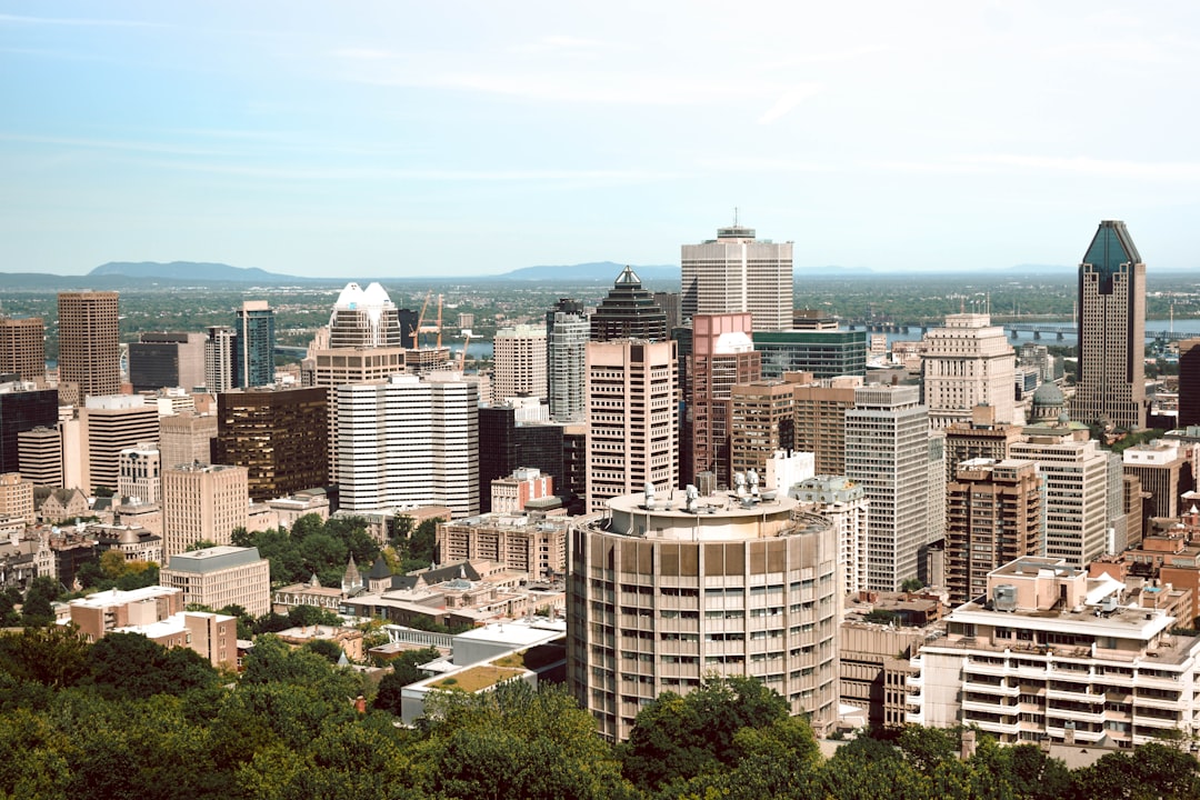 top view of high-rise buildings under white sky, Skyline in Montreal