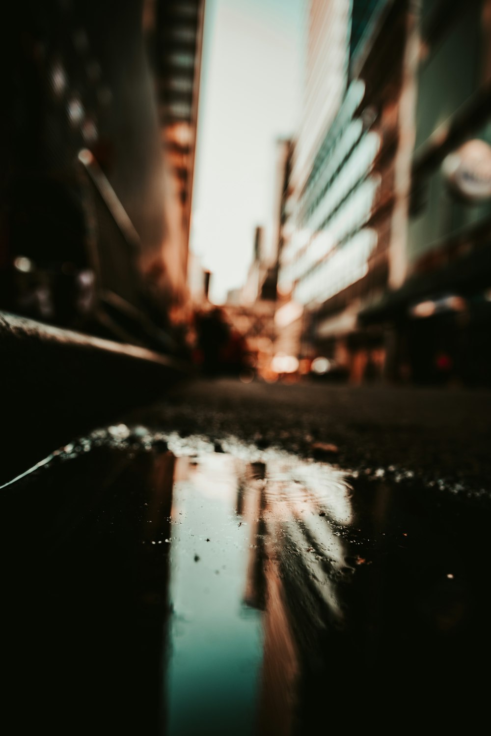 macro photography of reflection of building in water mirror