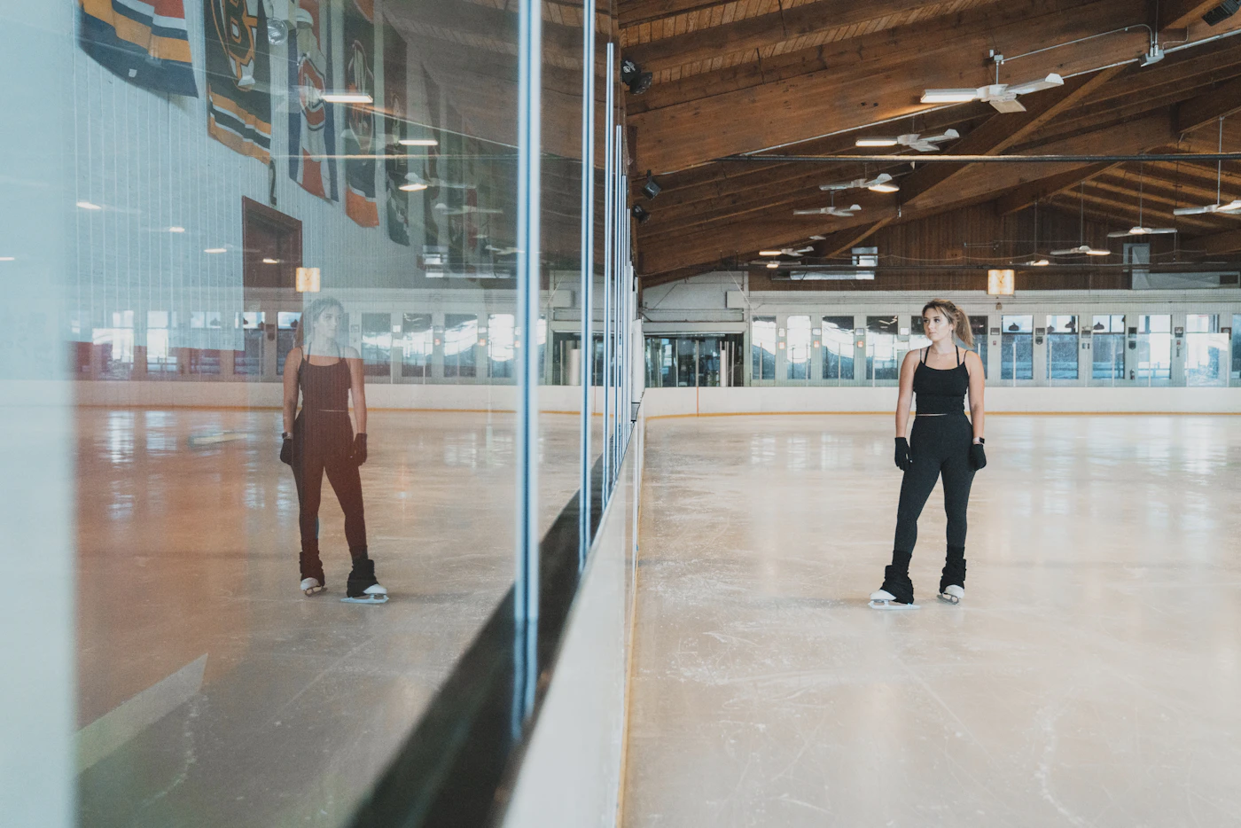 Ice skating on an indoor rink